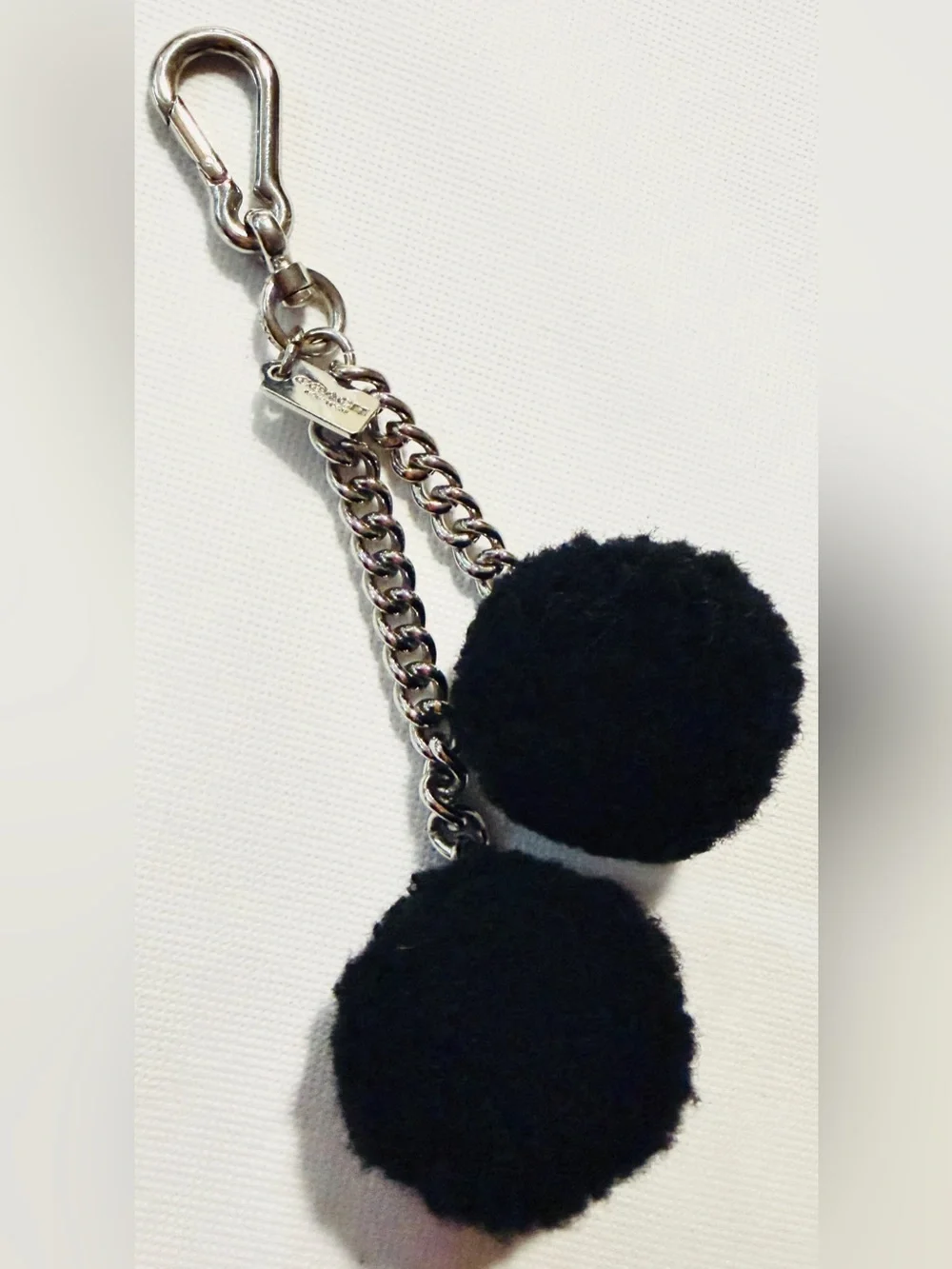 Coach Black Double Pom Pom Keychain with Silver Hardware